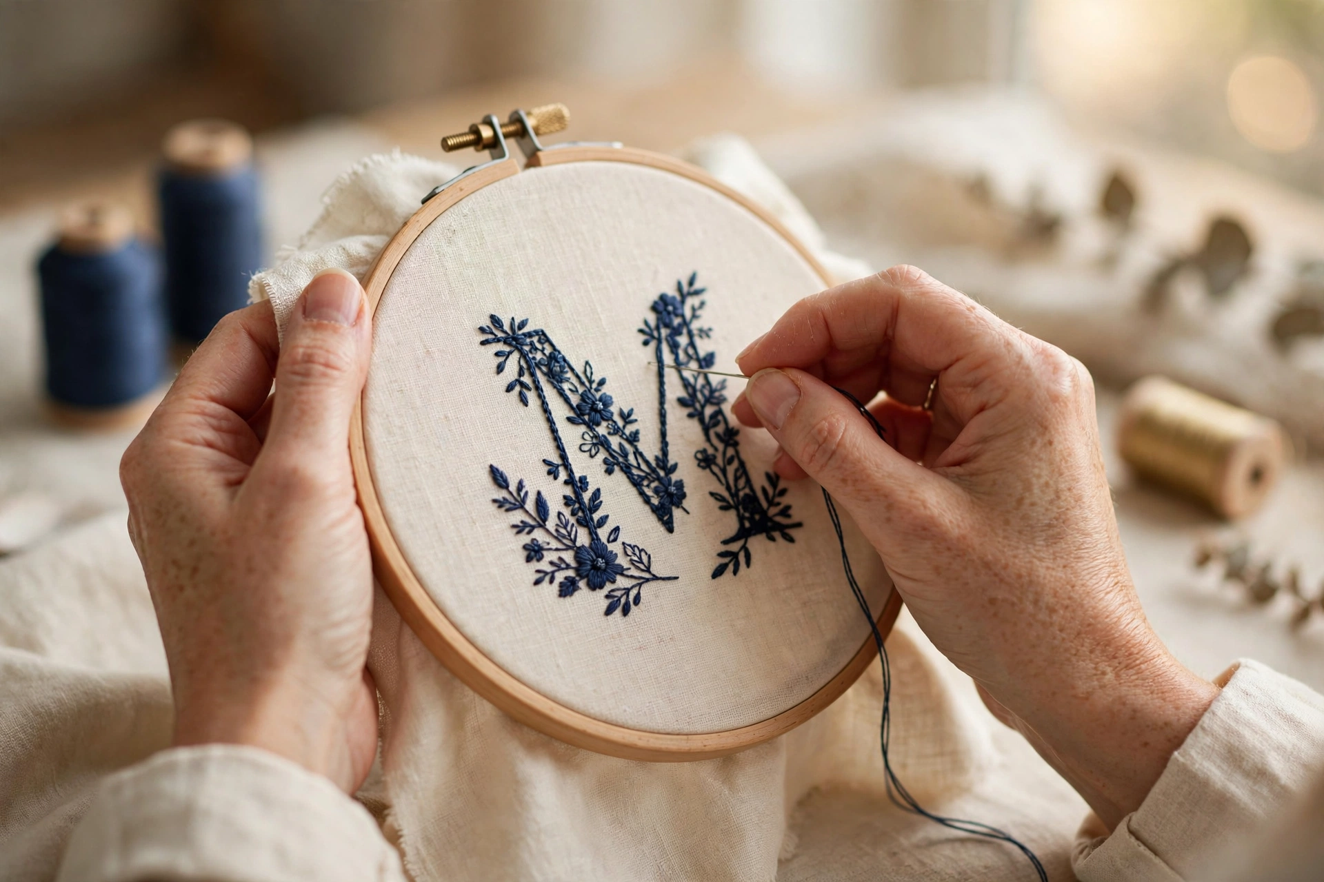 Hands embroidering a monogram in a wooden hoop