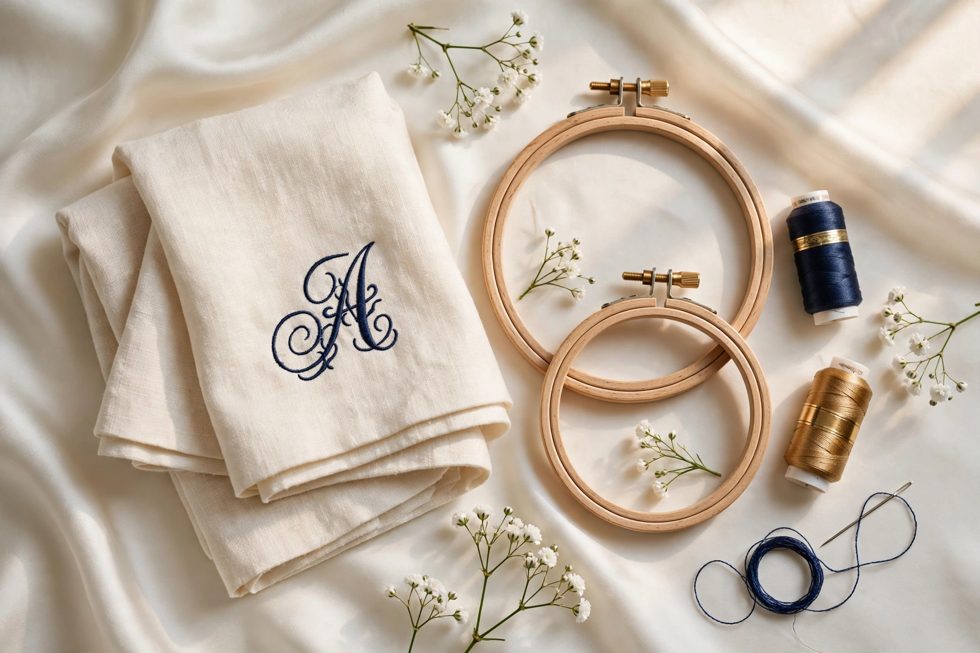 Cream towel with navy embroidered monogram beside embroidery hoops and thread