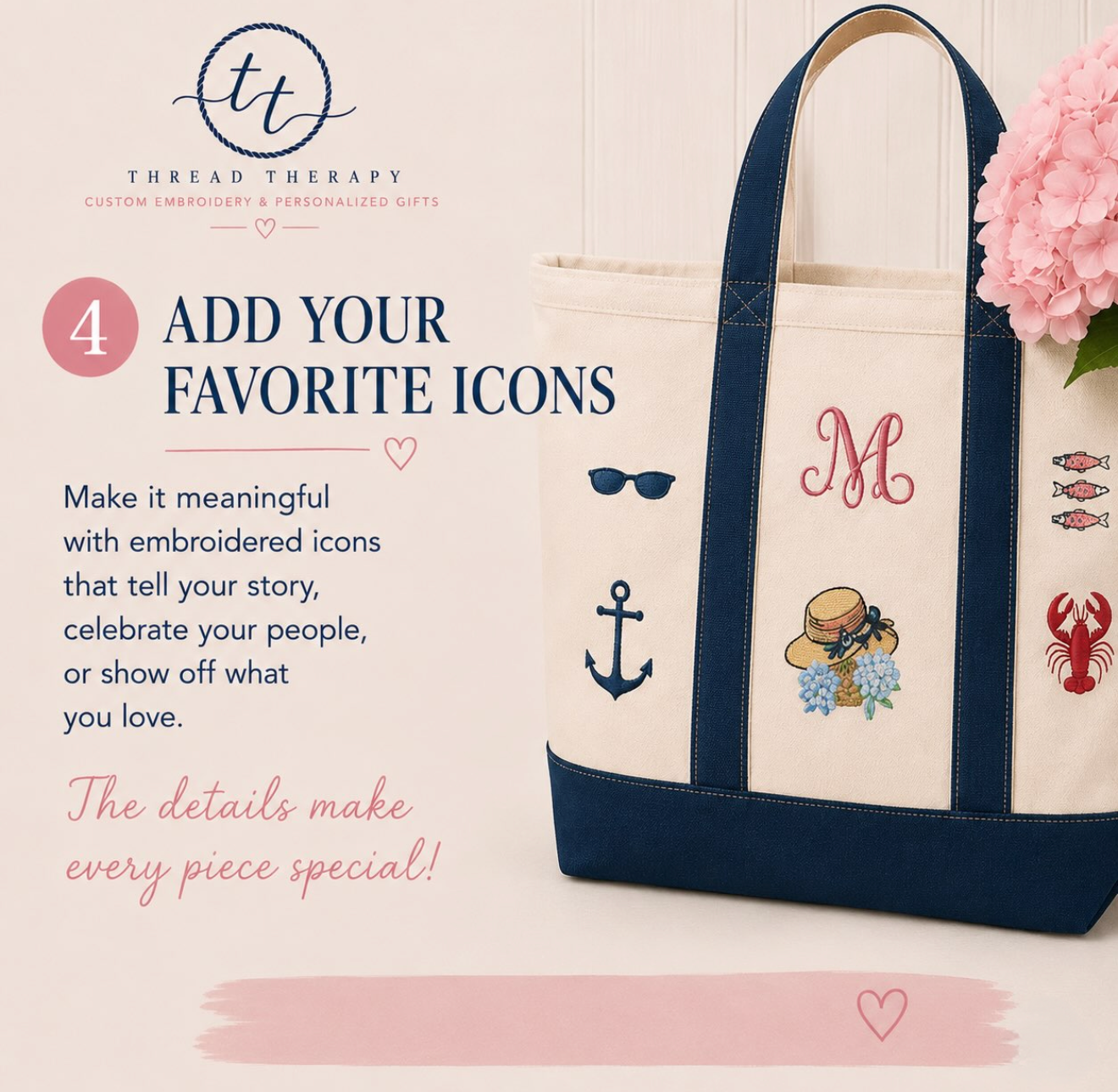 Step 4 — Add your favorite icons: anchors, sunglasses, lobsters and more embroidered icons that tell your story