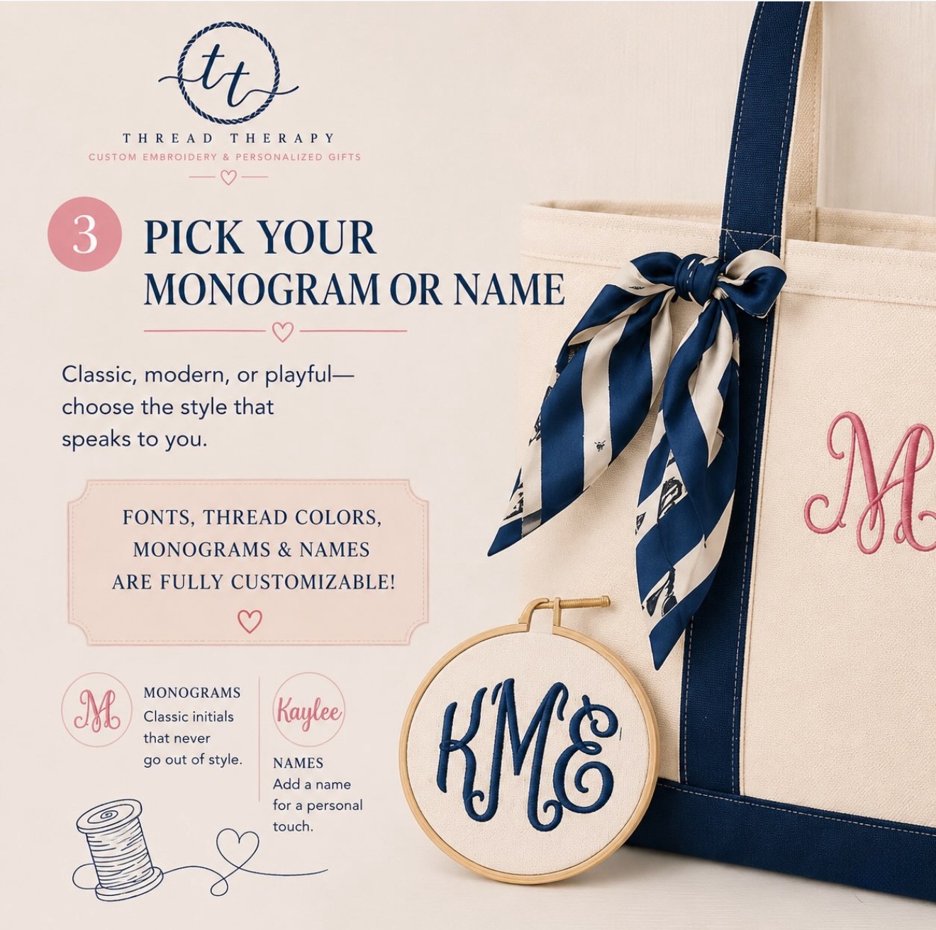 Step 3 — Pick your monogram or name: classic, modern or playful lettering, fully customizable fonts and thread colors